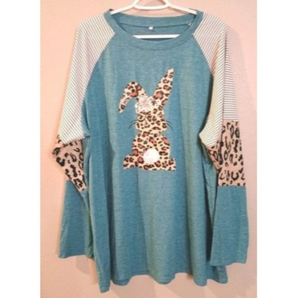 Women's Coquette Teal Bunny Top 3XL Shirt Leopard Flower Stripe Long Sleeve